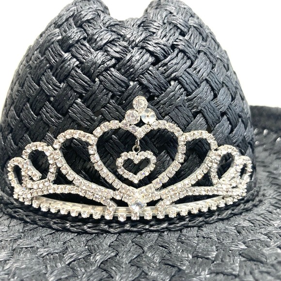 Black Straw Girls Rodeo Cowboy Hat W/ Tiara Elastic Band Inside comfort fit - Picture 1 of 8